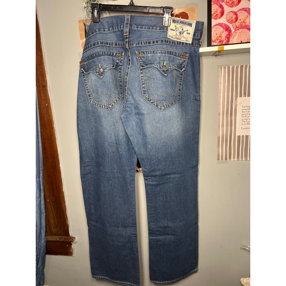 True Religion Mens Straight Section Jeans Blue Denim 42x34 Y2K Buddha Patch - Picture 5 of 5